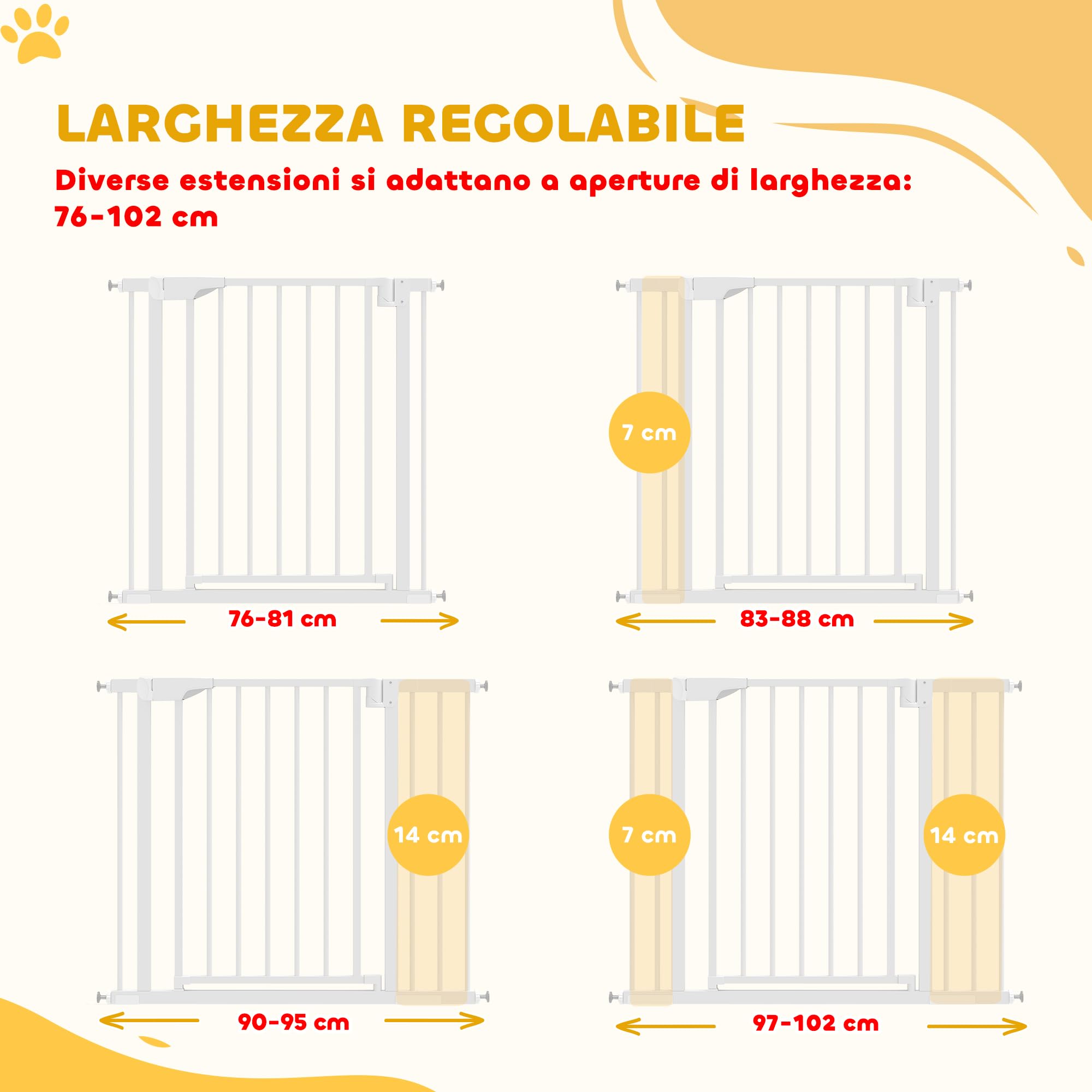 PawHut Cancelletto di Sicurezza per Bambini Cani, Estensibile 76-102 cm, Alto 76 cm, Cancellino per Cani, Scale Porte, Chiusura Automatica, Fissaggio a Pressione Senza Fori, Apertura a Due Vie, Bianco