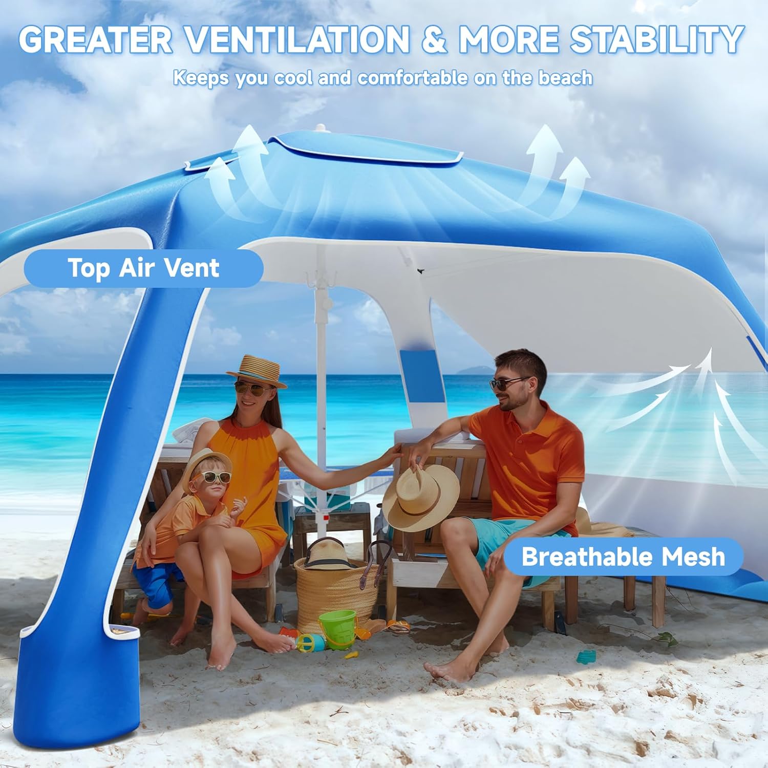 Beach Cabana, 6.5'×6.5' Beach Canopy with UPF50+ Protection, Beach Tent Sun Shelter, Sun Umbrella, Portable Shade Sun Shelter with Folding Table for Beach, Garden, Camping (Blue Gradient)