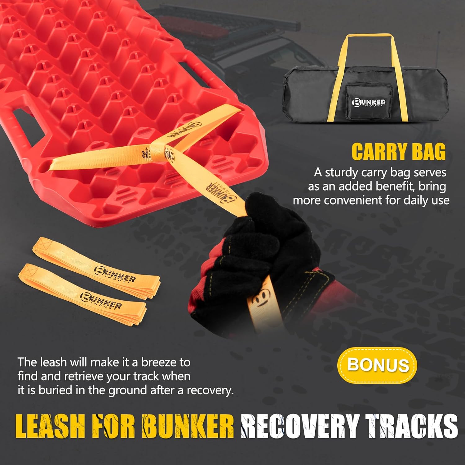 BUNKER INDUST Off-Road Traction Boards with Jack Lift Base,2 Pcs Multifunctional Recovery Track for 4WD UTV SUV Truck-Mud, Snow, Sand Tracks Red Tire Traction Mat with Carry Bag (Gen 9th)