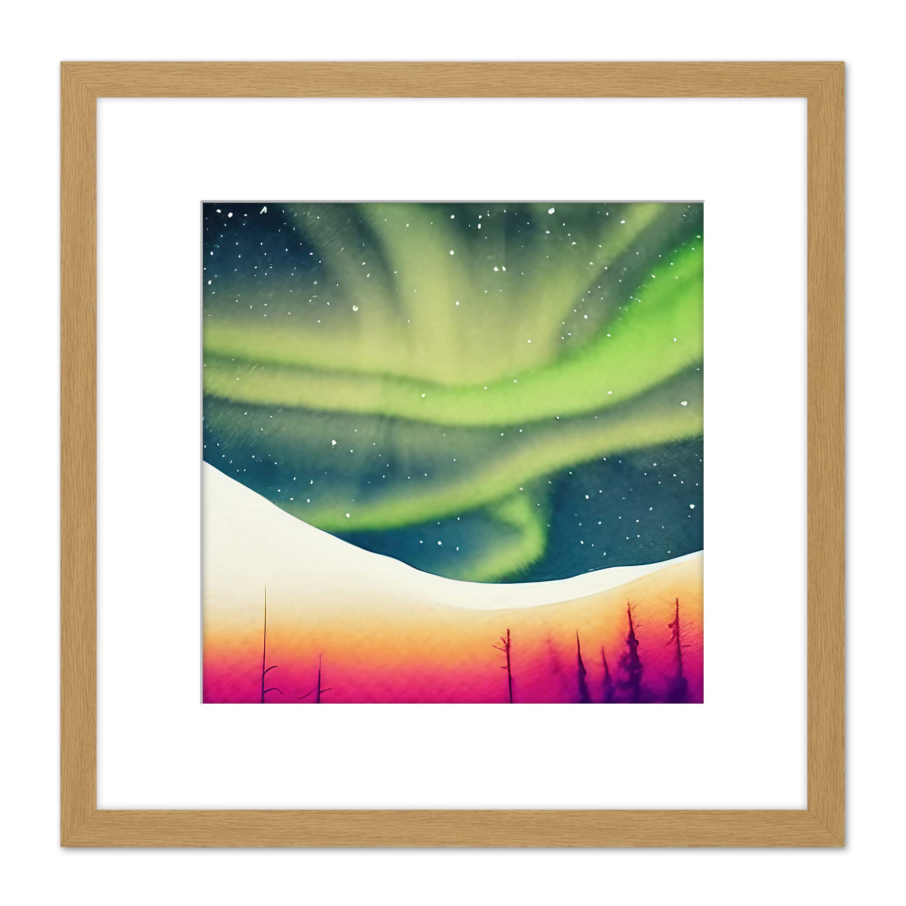 Artery8 Vibrant Aurora Borealis Green Northern Lights Night Sky Landscape Watercolour Painting Square Wooden Framed Wall Art Print Picture 8X8 Inch