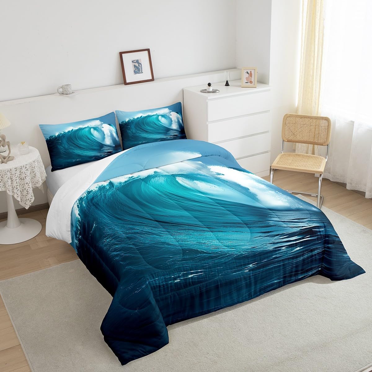 jejeloiu Sea Wave Bedding Set Queen Size Blue Ocean Comforter Set for Kids Boys Girls Decor Ocean Comforter Raging Waves Duvet Set Sea Quilt Boys