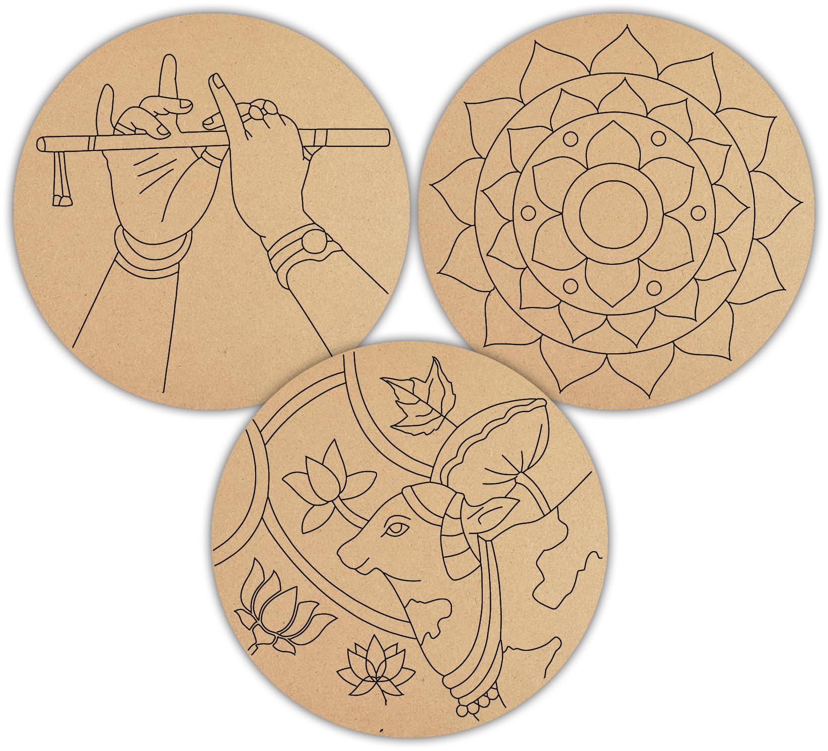 Craft360 Premium Pre-Marked MDF Round Bases for Art & Craft | Set of 3 Traditional Indian Designs | Krishna Flute, Mandala & Pichwai Cow Theme | DIY Painting, Lippan Art, Mandala Art & Home Décor Base (20 x 20 cm each)-image-31
