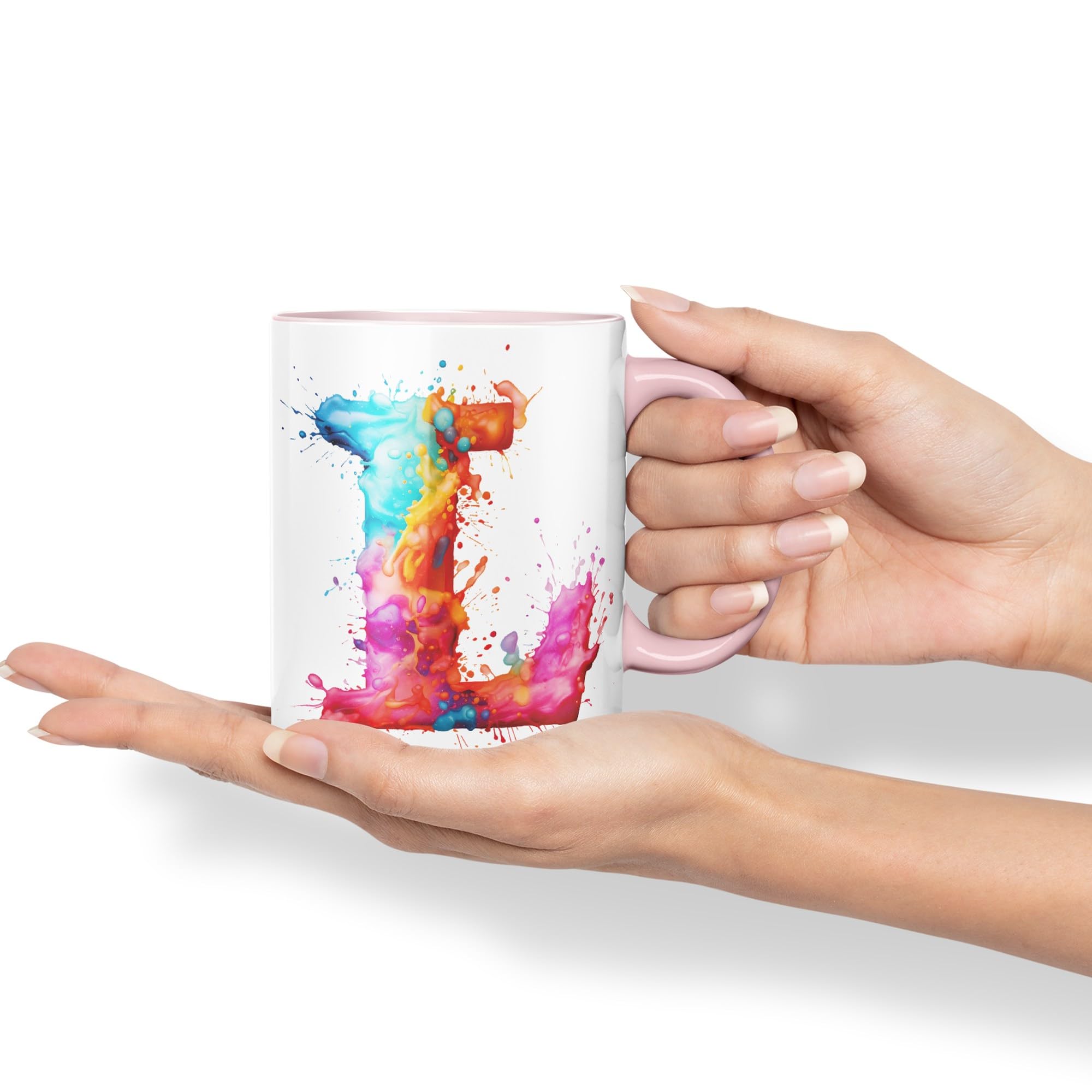Vixar Letter L Mug, Alphabet Letter L Monogram Watercolour Ceramic Coloured Mug Cup for Tea Coffee Hot Brew 330ml 11Oz Gift (Pink) - Image 3