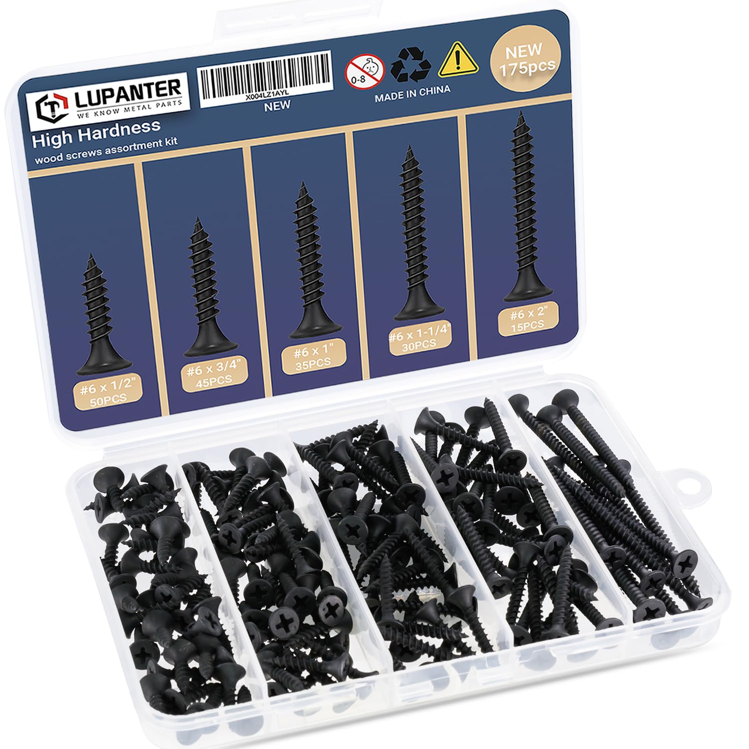 High Hardness Wood Screws Assortment Kit, 175 PCS Flat Head Wood Screws Set, Phillips Drive Assorted Screws,Including Sizes(#6 x 1/2, #6 x 3/4, #6 x 1