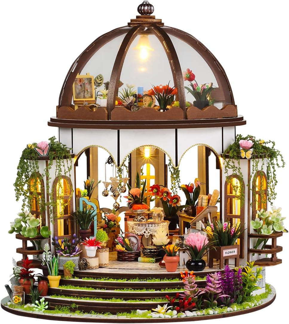Miniature House Kit, DIY Miniature Doll House Kits with Warm LED Light, Mini House Building Kit with Mini Plant Accessories Creative Handmade Crafts Ideas Gifts for Adults