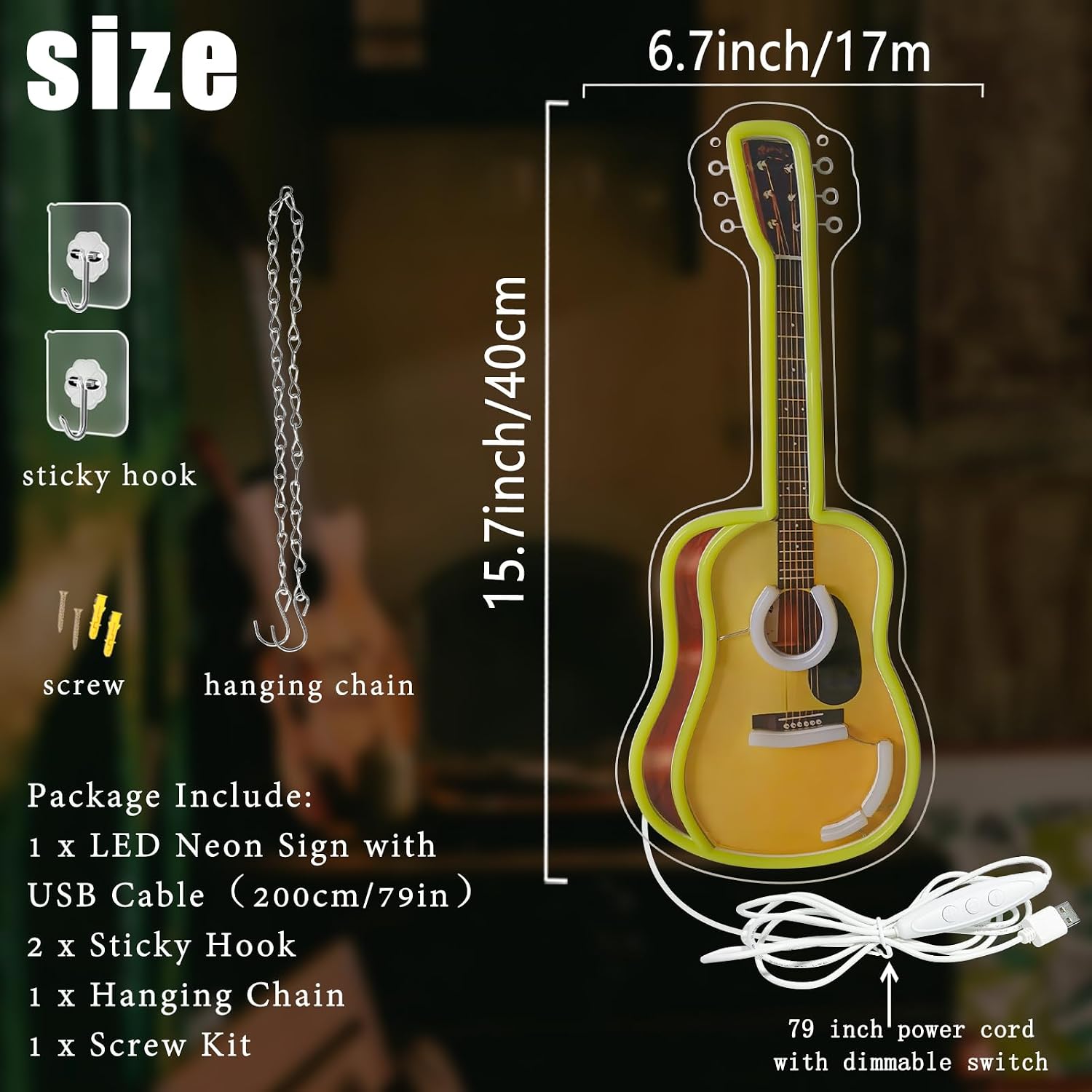 Acoustic Guitar Neon Sign Dimmable UV Printed Guitar Neon Lights image 3
