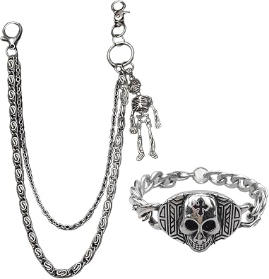 Punk Skeleton Jean Chain and Bracelet Set, Pant Chain with Skeleton Pendant and Alloy Skull Bracelet for Men Women