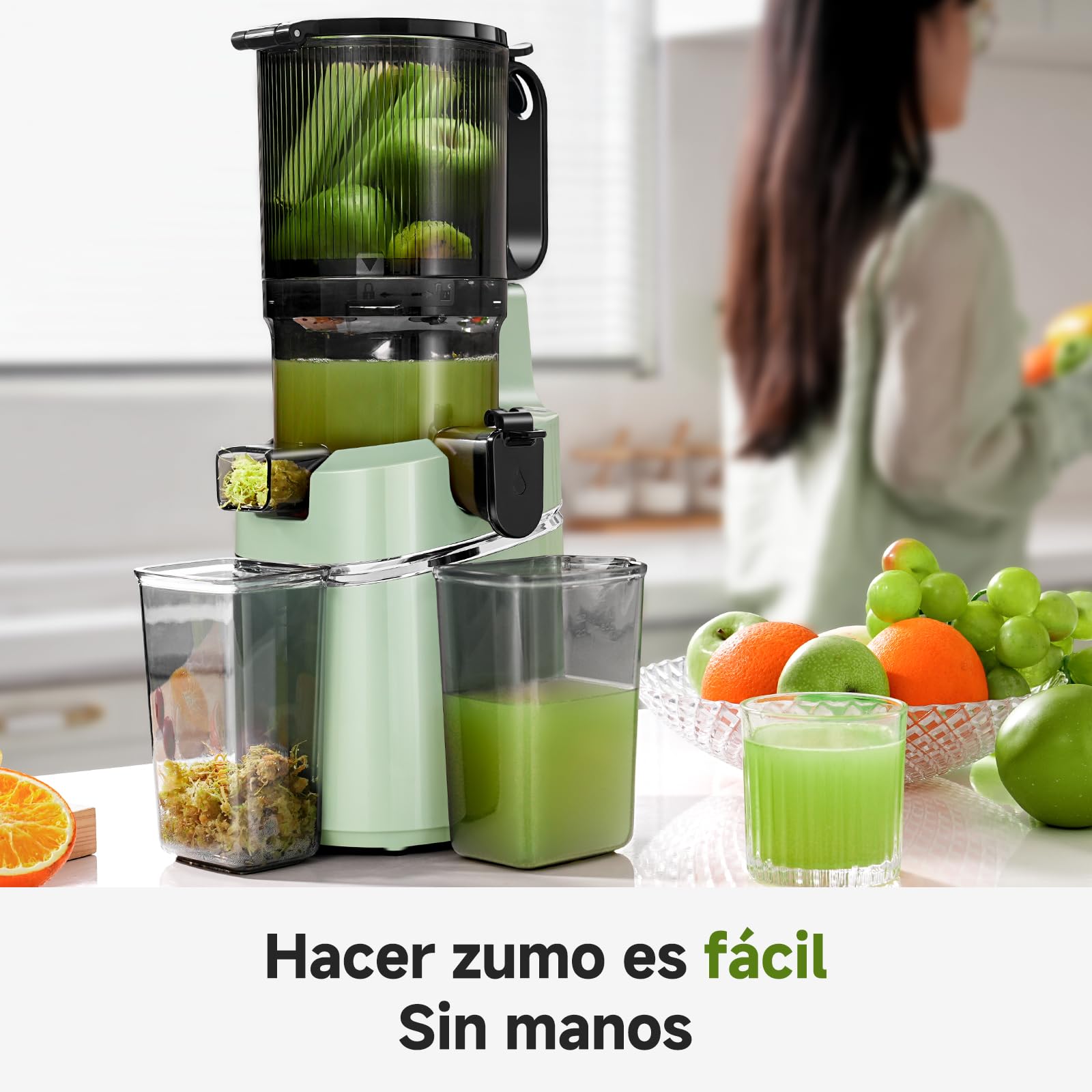 AMZCHEF Extractor de jugo automático con manos libres, apertura de 135 mm y capacidad de 1,8 L, extractor de zumo de frutas y verduras enteras, extractor de jugo lento de 250 W con triple filtro-Verde