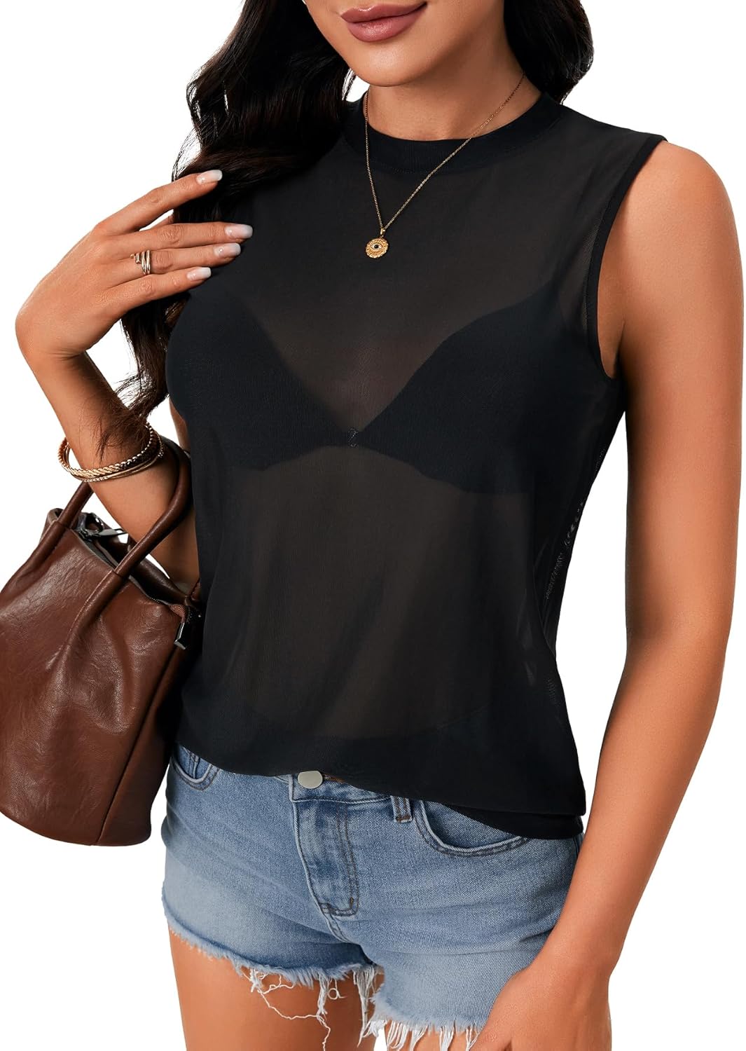 Rooscier Women's Mesh See Through Sheer Crew Neck Sleeveless Tank Top Cami Shirt Without Bra