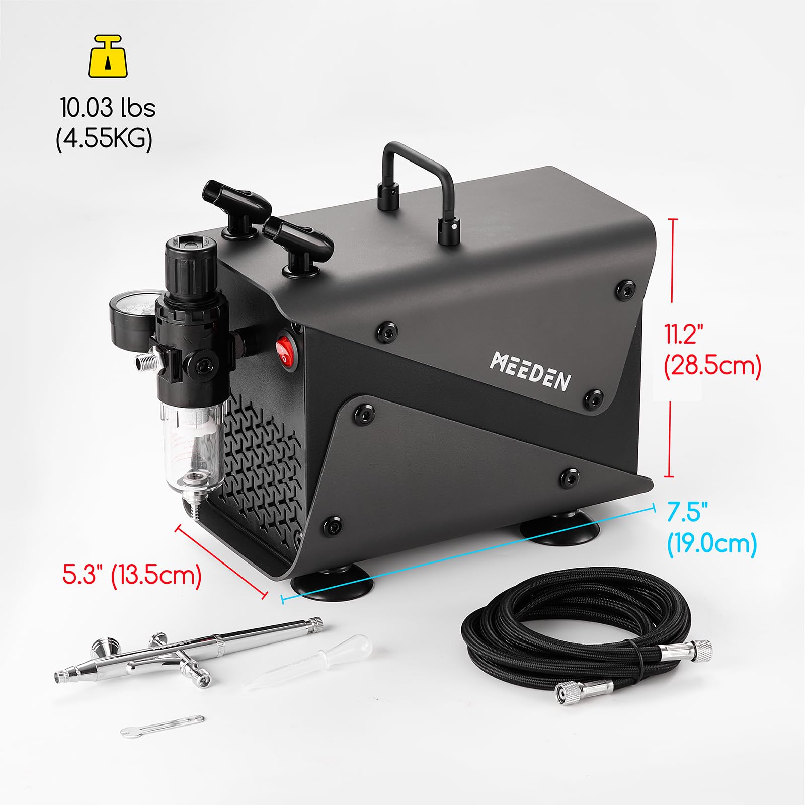 MEEDEN Compresor de aerógrafo para pintura de modelo: compresor de aire sin aceite de 1/5 HP con filtro regulador y soportes dobles para cepillo de aire, máquina de aerógrafo silenciosa con pistola de