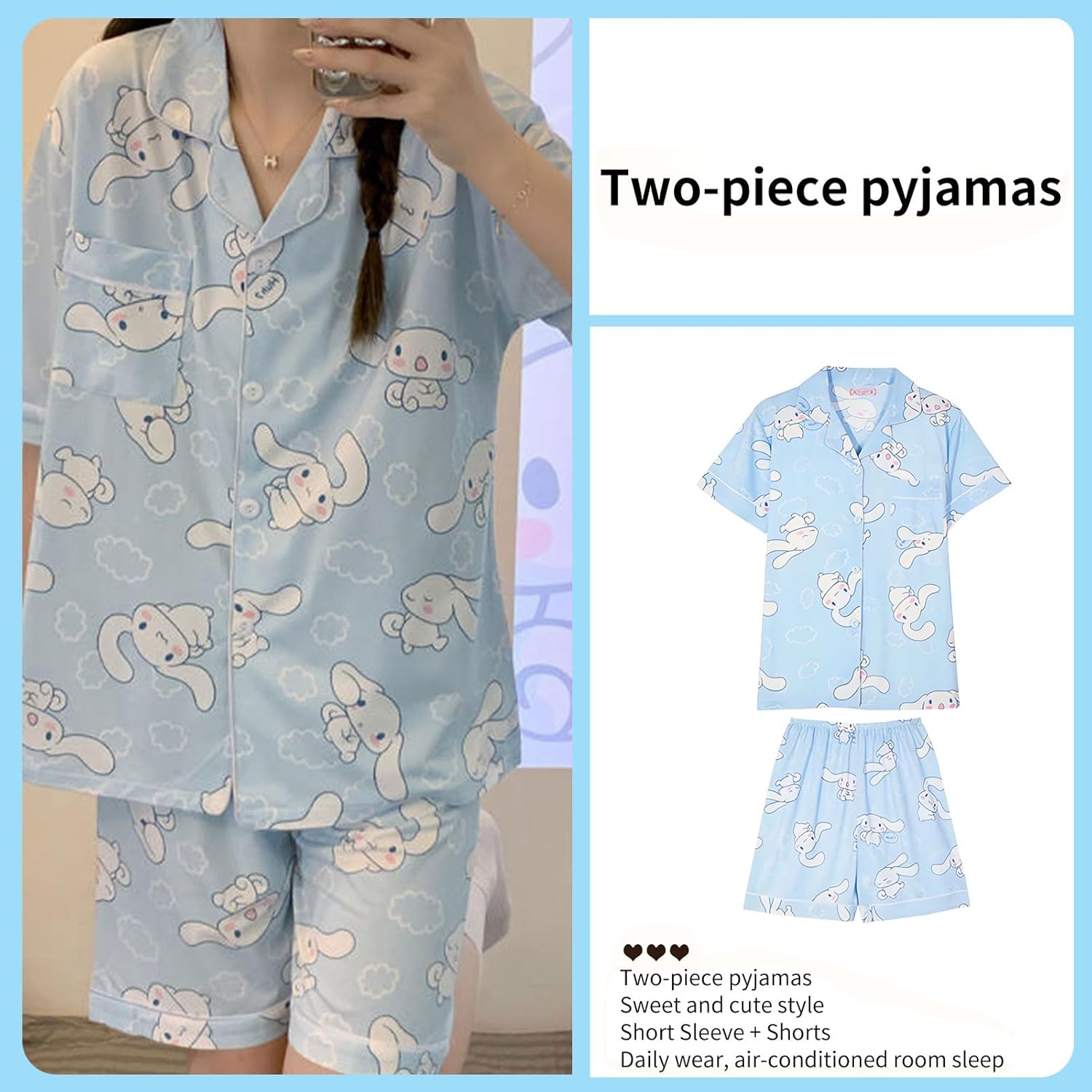 Cute Women's Pajama Sets, Cartoon Print Sleepwear Short Sleeve Shirt and Casual Short - 2 Piece - Image 5