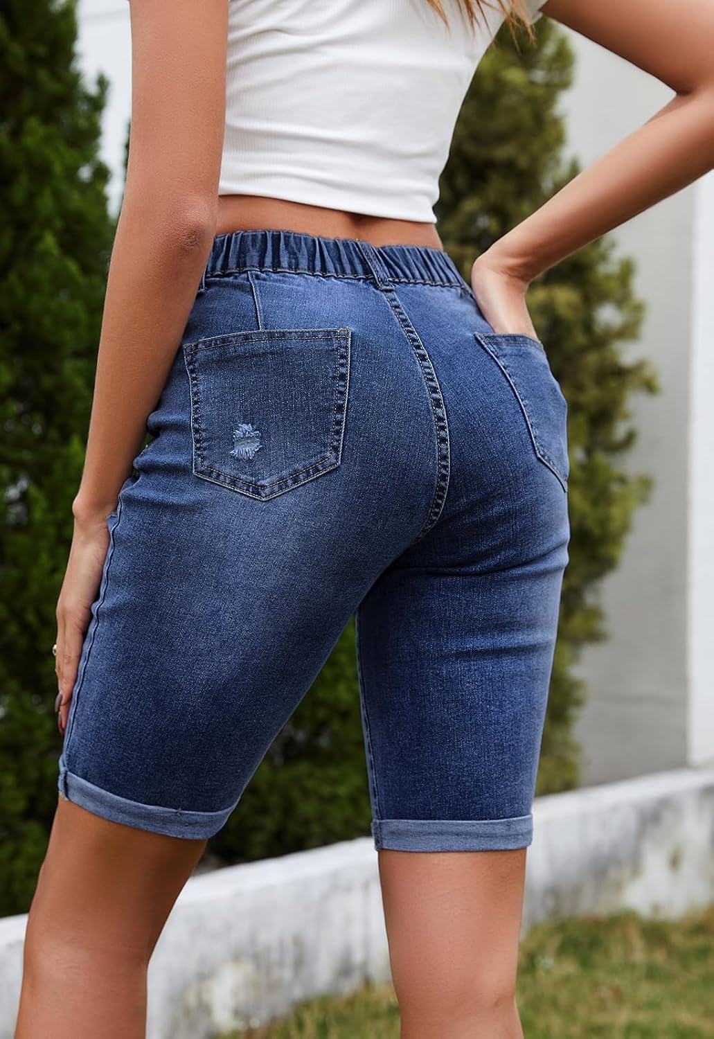 Metietila Women's High Waisted Bermuda Denim Shorts Folded Hem Elastic Waist Stretchy Jean Shorts