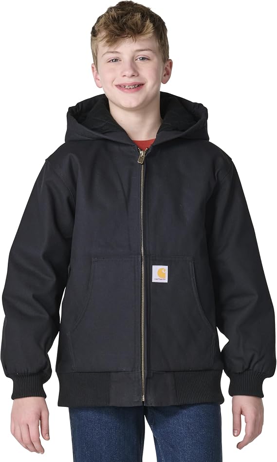 Carhartt Boys FlannelLined Hooded Canvas Insulated ZipUp Jacket | Polyester Blend | Quilted Polyester Brushed Tricot-Lined Main Body | Everyday Wear