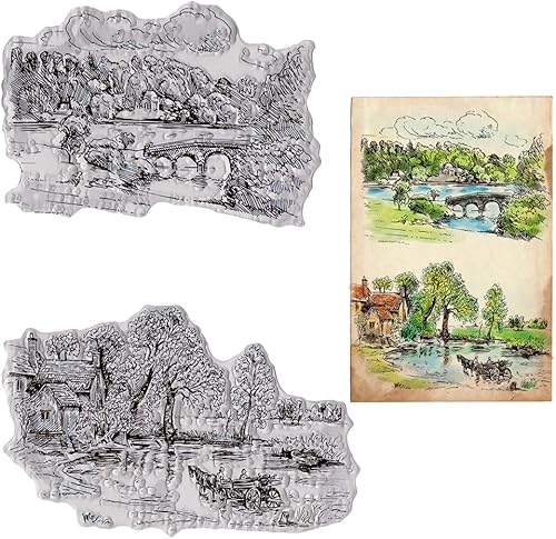 Miniatura 6 de Sellos transparentes de árbol para hacer tarjetas, sellos de goma transparente para casa de chalet, sellos de puente de río, para decoración de