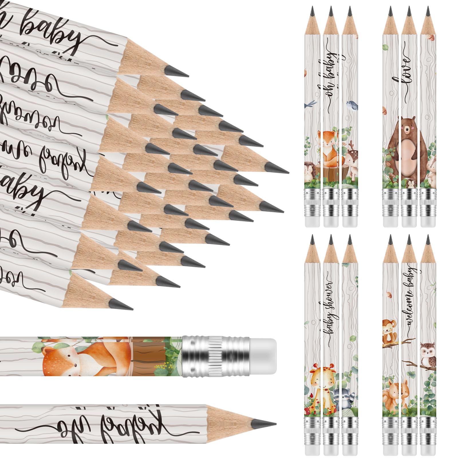 Tinlade 60 Pcs Wooden Animal Baby Shower Golf Pencils with Erasers Small Kids Sharpened Mini Pencils for School in Bloom Baby Shower Supplies
