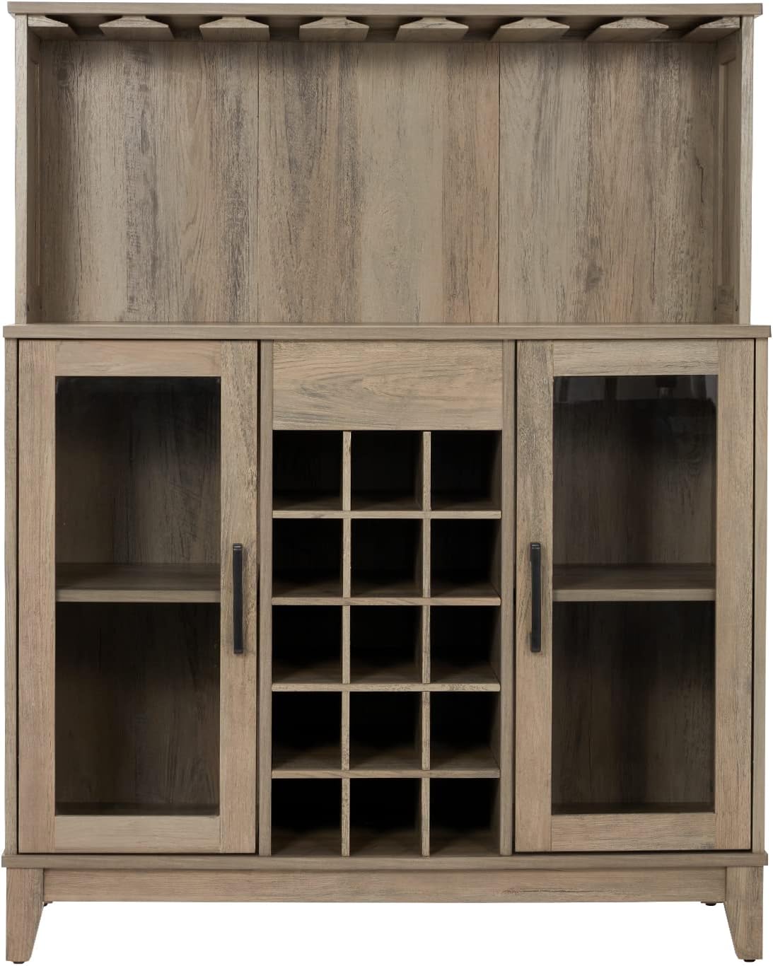 EROMMY Designed Wine Bar Cabinet, Rustic Coffee Bar Cabinet for Liquor and Glasses, Home Bar with Two Glass Doors with Built in Wine Rack and Fine Glass Hanging Space in Charcoal Finish, Stone Grey