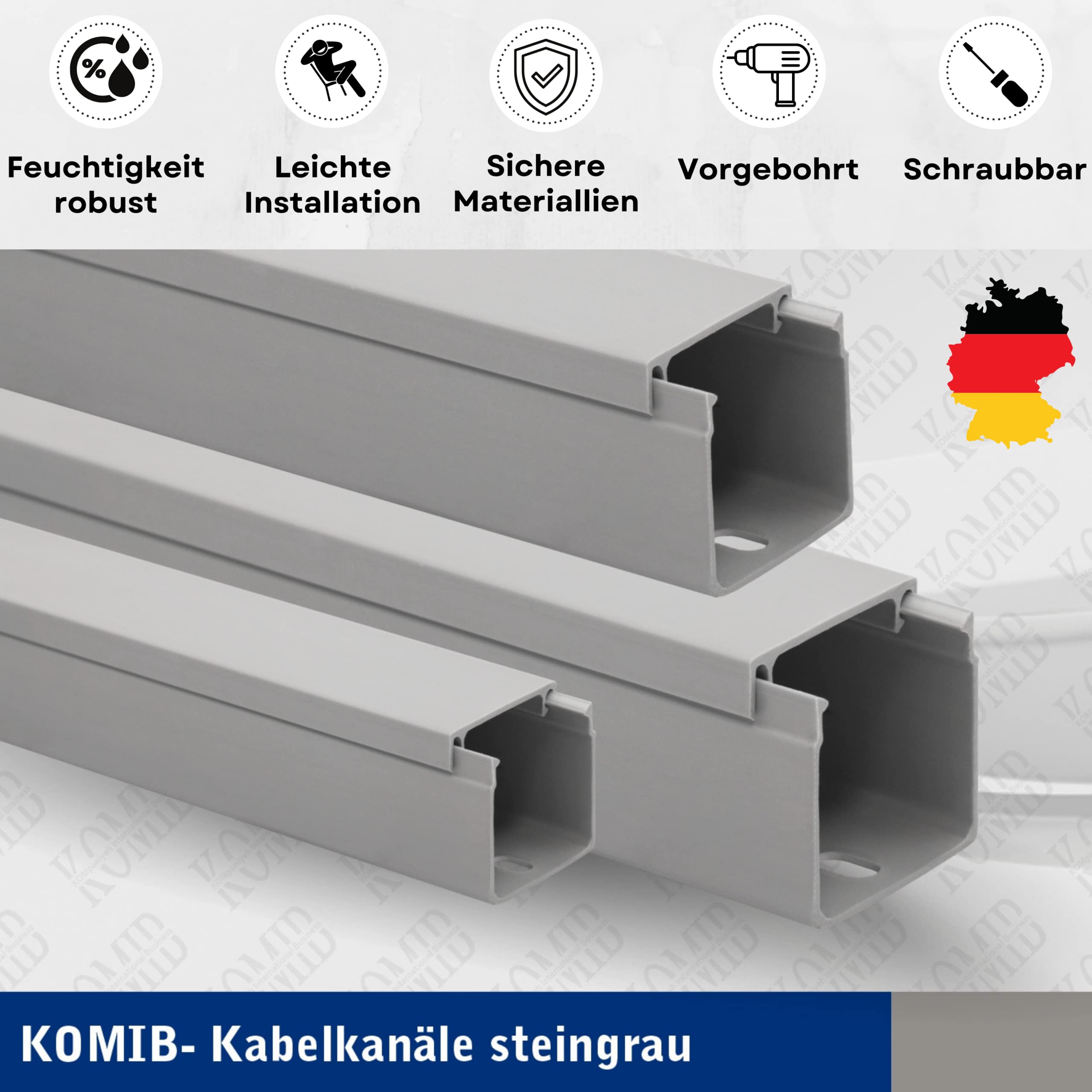 10m KOMIB Kabelkanal/Kabelkanäle/Kabelführung - Verschiedene Größen und Farben - Schraubbar - 5 x 2m Stangen - (Grau - Steingrau, 90 x 60 mm)