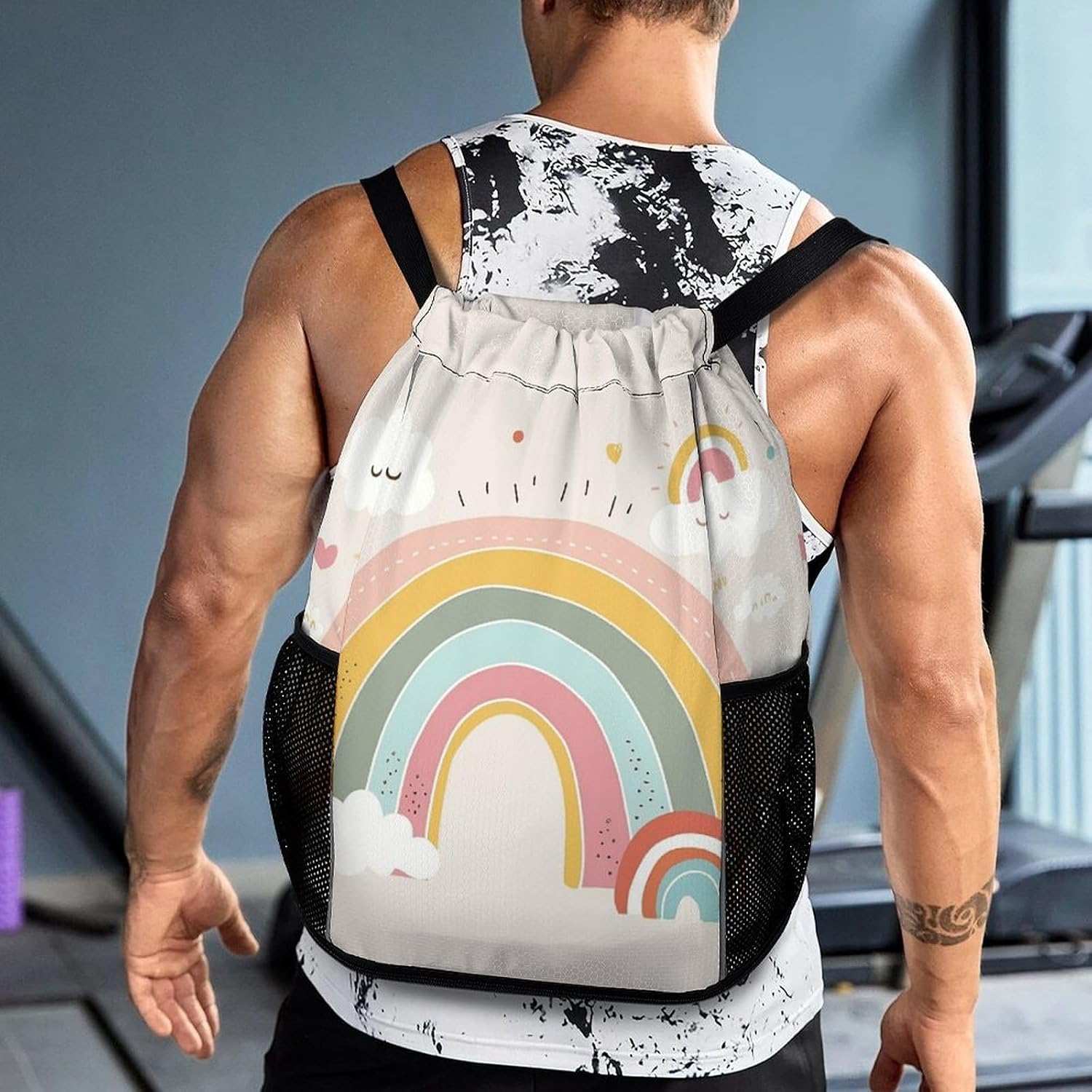 Rainbow And Cloud Drawstring Backpack with Wet Pocket - Large Capacity Gym Bag with Shoe Compartment & Mesh Pockets, Adjustable Lightweight Gym Backpack for Swimming, Travel, Workout