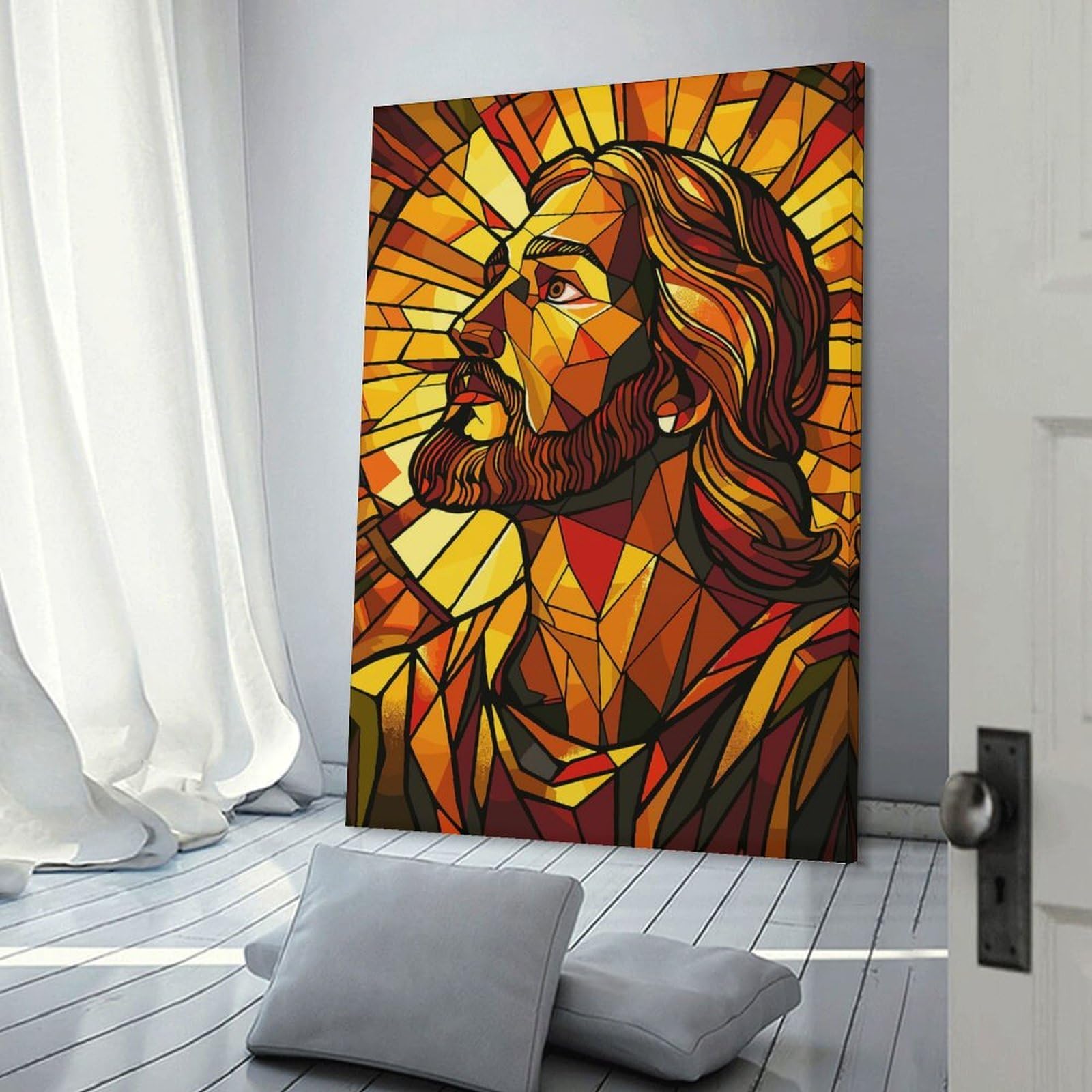 Junmoney Stained Glass Jesus Wall Decor Canvas Print, 24x36inch(60x90cm), for Living Room, Bedroom Or Home Office, Home Decor Gift with Stylish Appeal