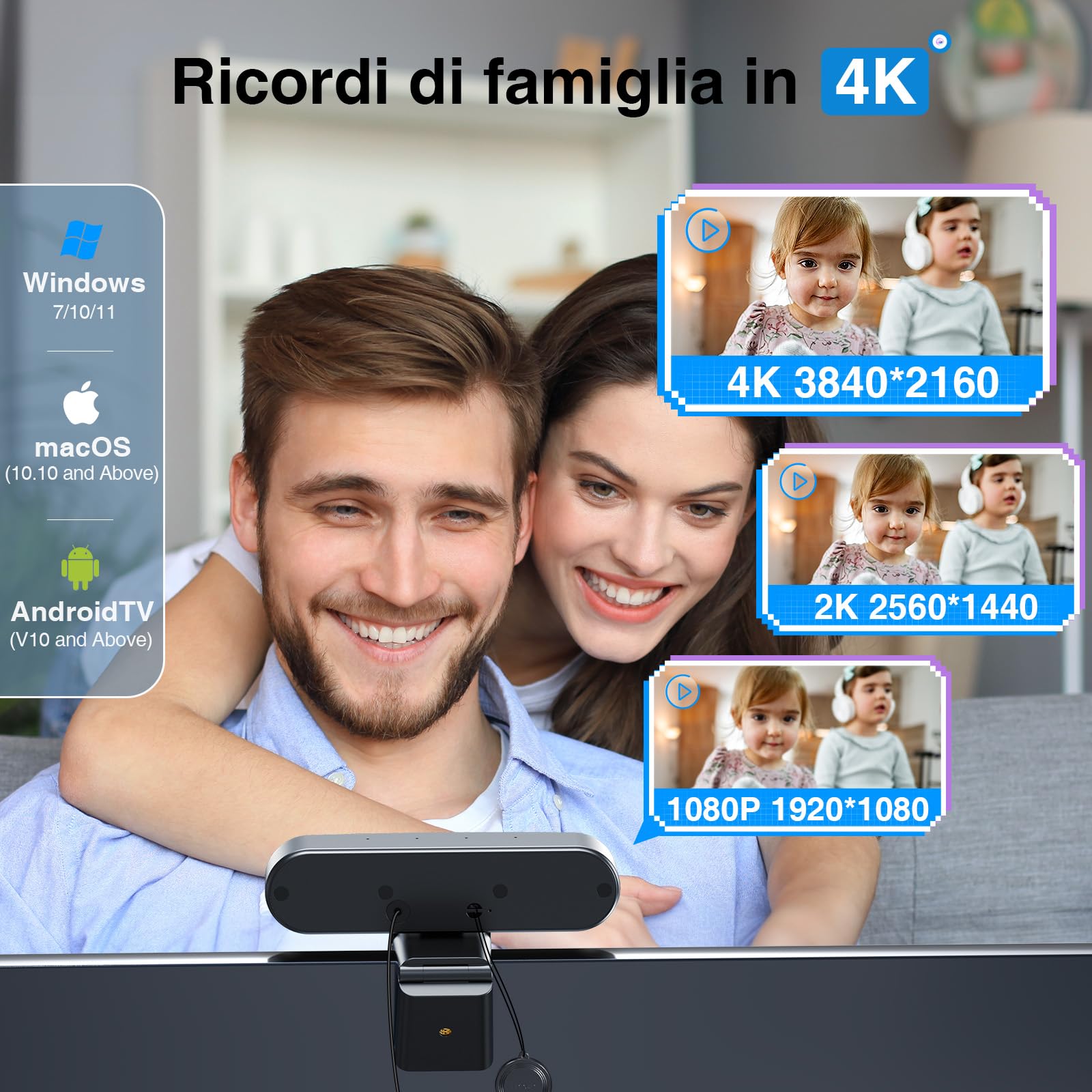 EMEET Webcam 4K 3 in 1, Webcam C980 PRO 4K con 4 Microfoni con Cancellazione del Rumore e 2 Altoparlanti, Grandangolo 60°-98°, Web Cam Ideale per Videochiamate di Gruppo e Individuali