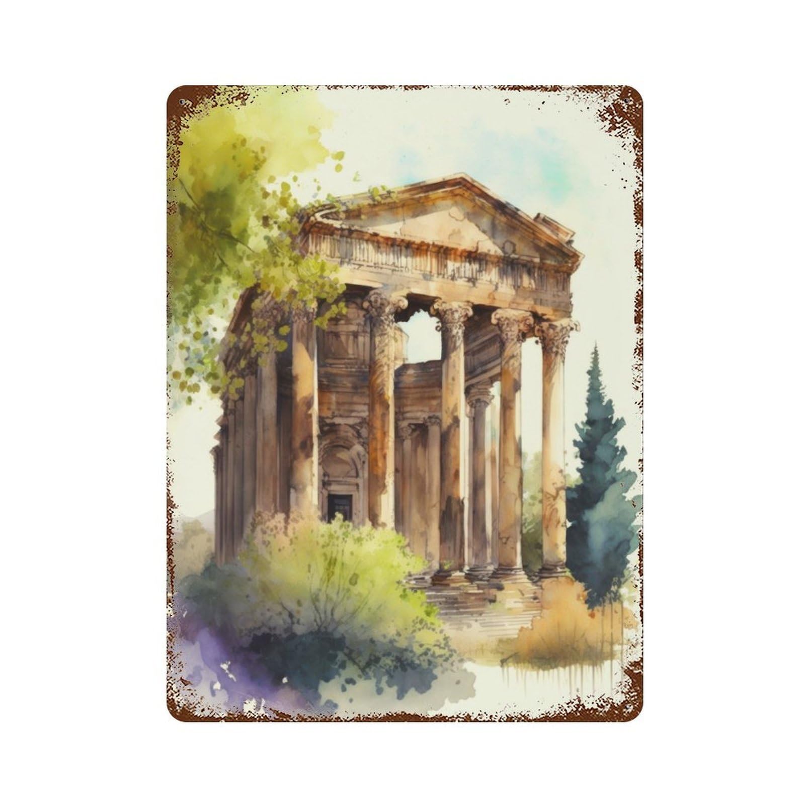 Garage Style Bacchus Temple Watercolor Distressed Metal Wall Sign 15.7"x11.8", Novelty Wall Decor for Bar And Workshop