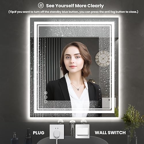 Miniatura 200 de Espejo de baño LED de 40 x 32 pulgadas, luz frontal y retroiluminada, antiniebla, regulable, espejo de tocador iluminado con memoria, espejo LED