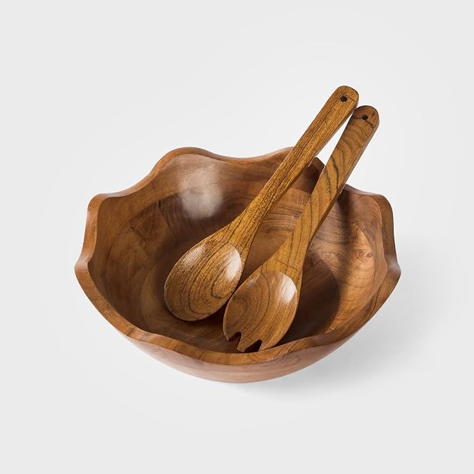 Acacia Wood Scallop Salad Bowl with Servers - Large (12")