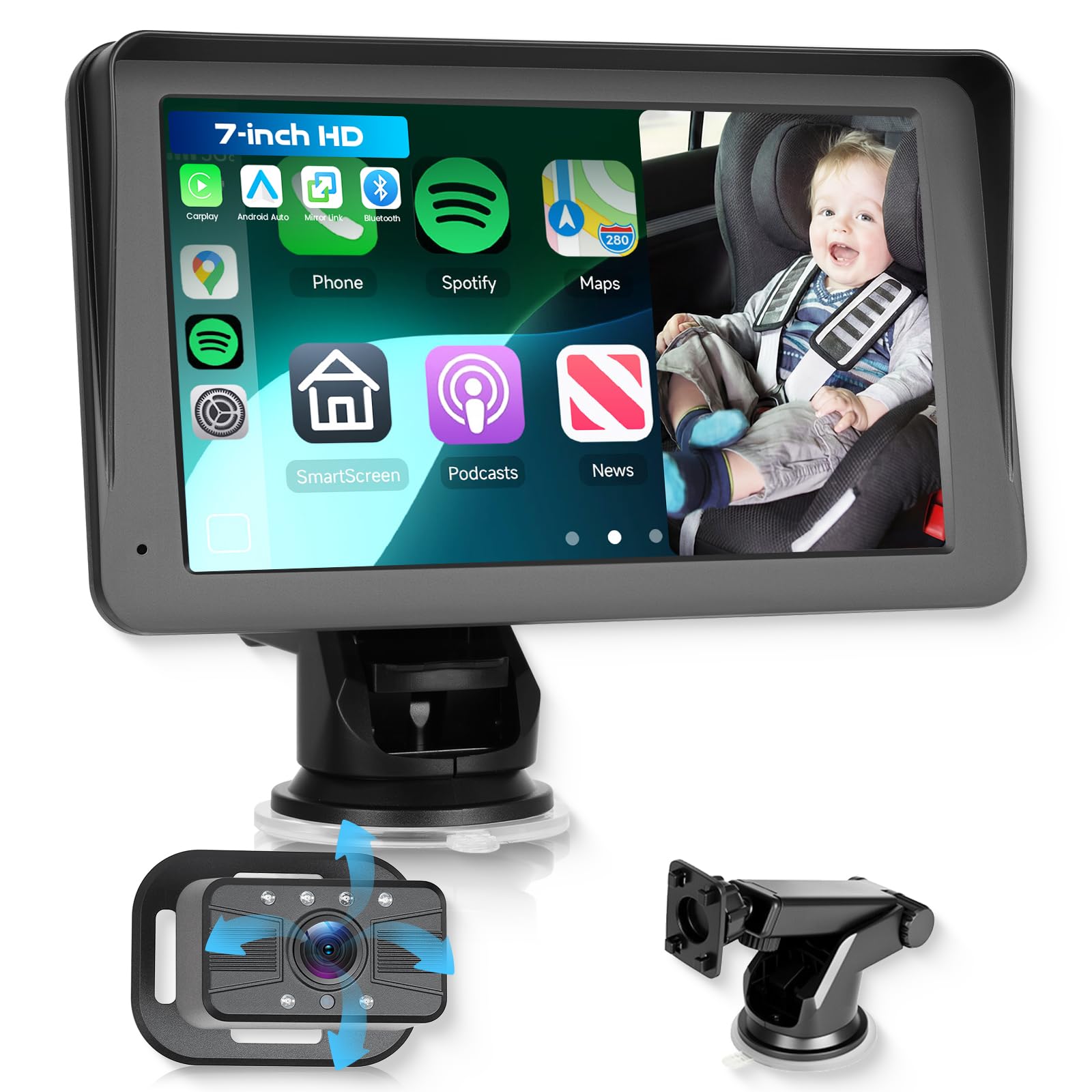 Hodozzy Bezprzewodowe lusterko samochodowe dla niemowląt, z systemem Android, 7 cali, HD 1080p, z noktowizorem Superlink, kamera na tylne siedzenie 360° z monitorem do fotelika samochodowego, obsługa