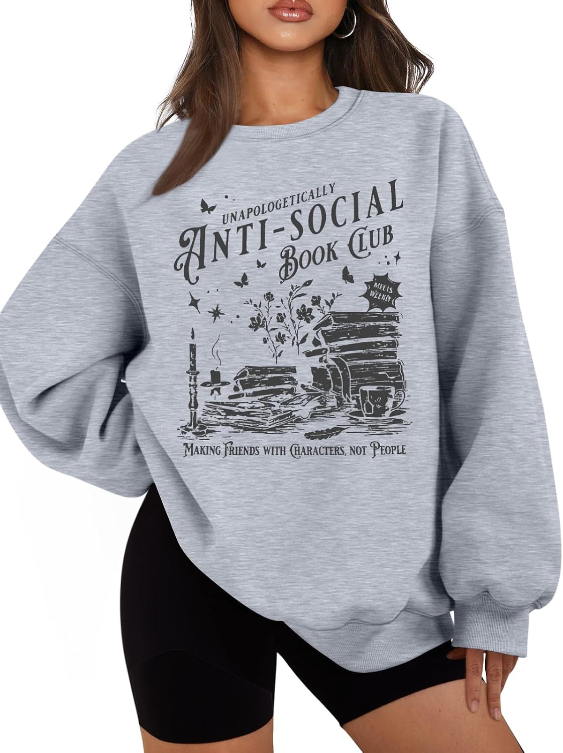 LUKYCILD Anti Social Book Club Sweatshirt Women Oversized Book Lover Teacher Shirt Funny Graphic Long Sleeve Tee Top