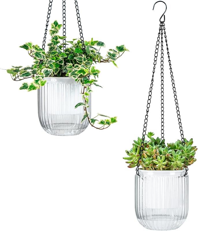 Josteve Macetero colgante de 4,5 pulgadas, 2 unidades, con riego automático, macetas de interior con agujeros de drenaje, maceteros colgantes pequeños para exteriores, cesta para macetas, nivel de agua visible, colgador de plantas, decoración del hogar, jardinería