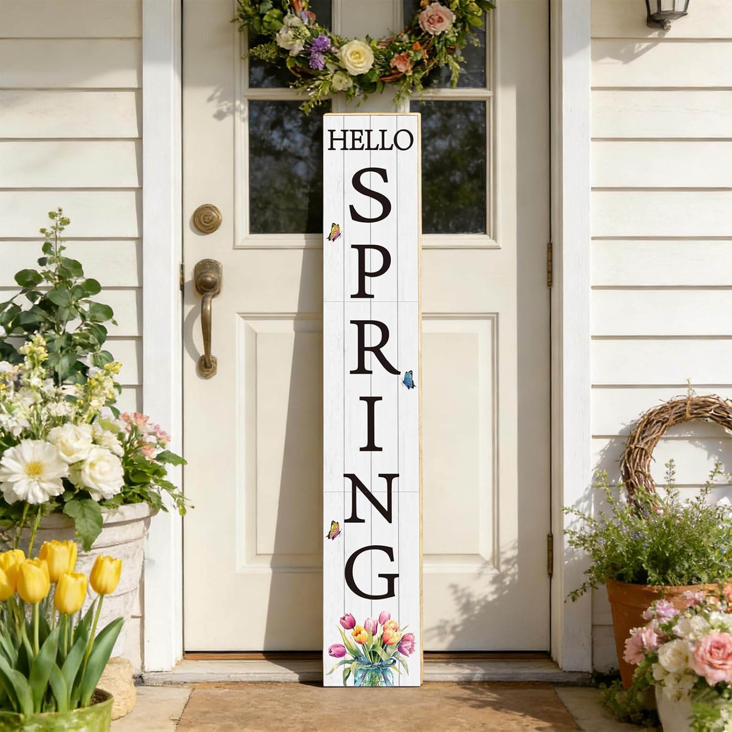 Spring Porch Decor Outdoor Decorations Wooden Door Decorations Indoor Outside Spring Porch Sign Rustic Tulips Welcome Sign for Front Door 46.8 Inch