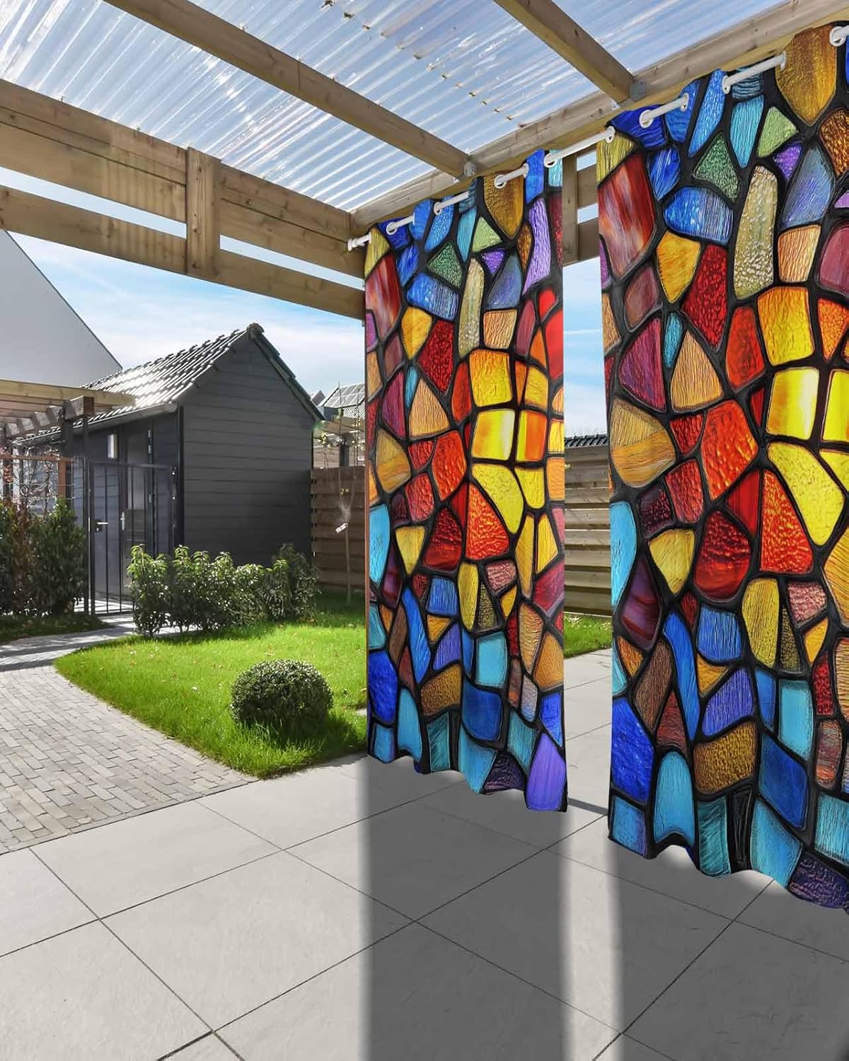 Outdoor Curtains for Patio,Colorful European Stained Glass Texture Waterproof Privacy Grommet Curtains for Porch,Irregular Geometric Windproof Indoor Drapes with Tieback 1 Panel 54x108in