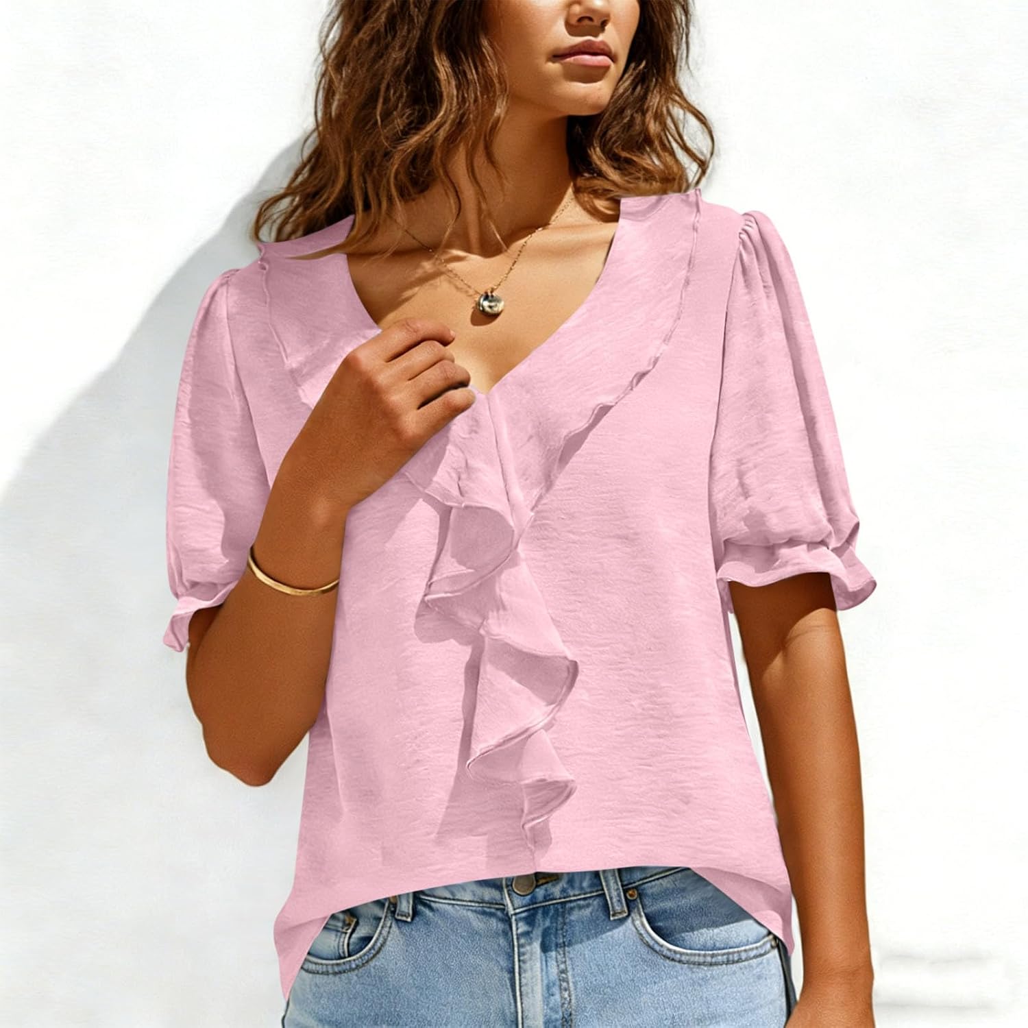 Womens Blouses Ruffle Tops Short Sleeve V Neck Shirts Dressy Business Casual Summer Beach Vacation Fashion Clothing