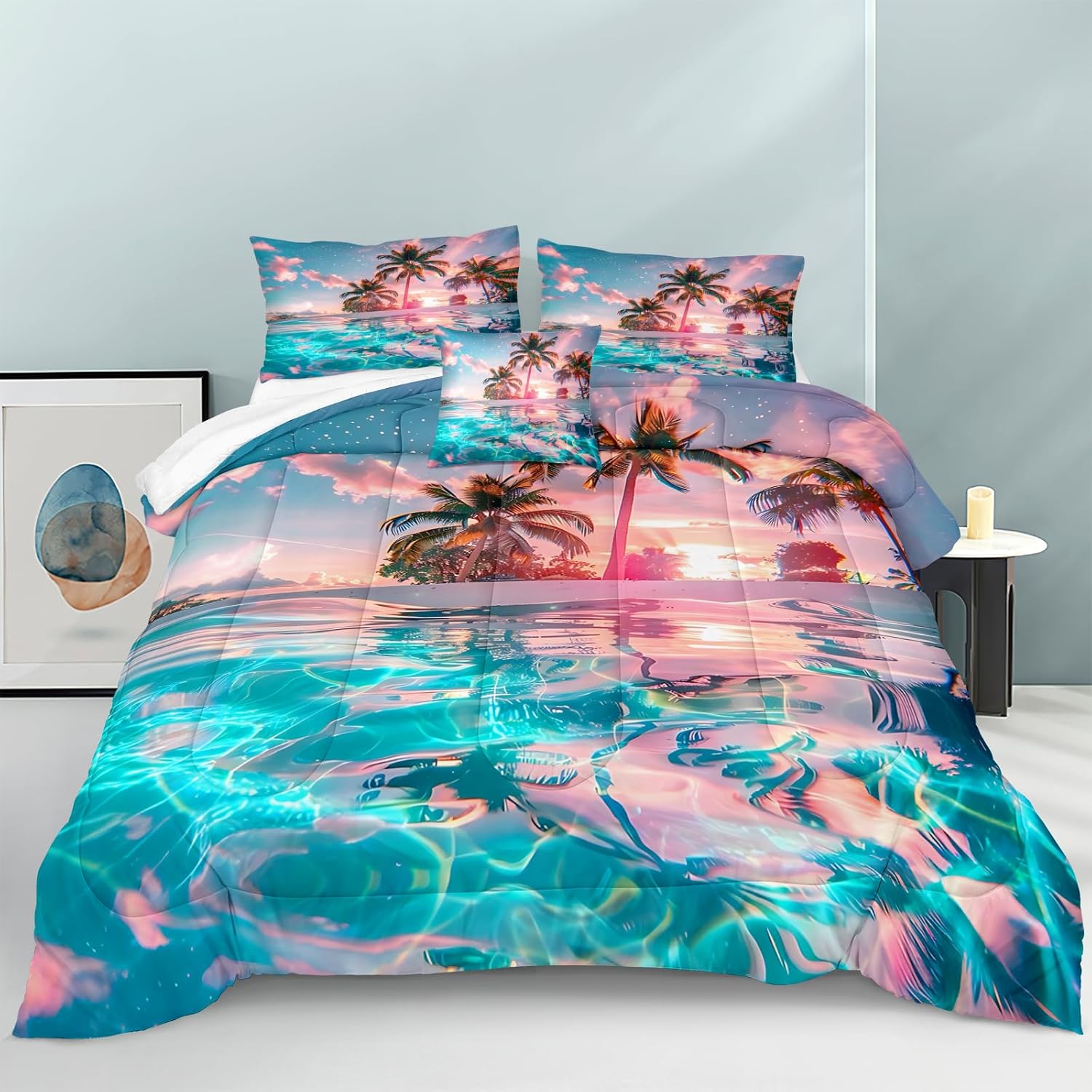 Bedrom Ocean Beach Comforter Set Queen Palm Tree Tropical Bedding 4 Pcs Pink Sunset Blue Coastal Romantic Natural Comforter Hawaii Beach Bedroom Decor