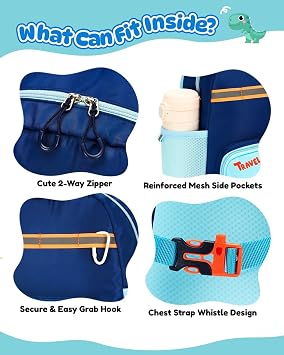 PROTAURI Daycare Backpack for Girls and Boys with Chest Strap and Whistle, A4 Reflective Children's Backpack, Lightweight Daypack for Preschool and Excursions Age 3-7 Years, 9L (9L), Dinosaur, Medium