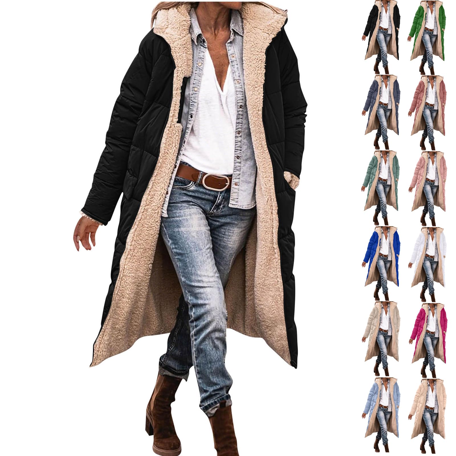Damen Langer Wintermantel mit Kapuze Reißverschluss Taschen Warm Gefütterte Jacke Frauen Winterparka Zweifach Tragbar Lange Steppjacke für Alltag Büro Reisen Outdoor