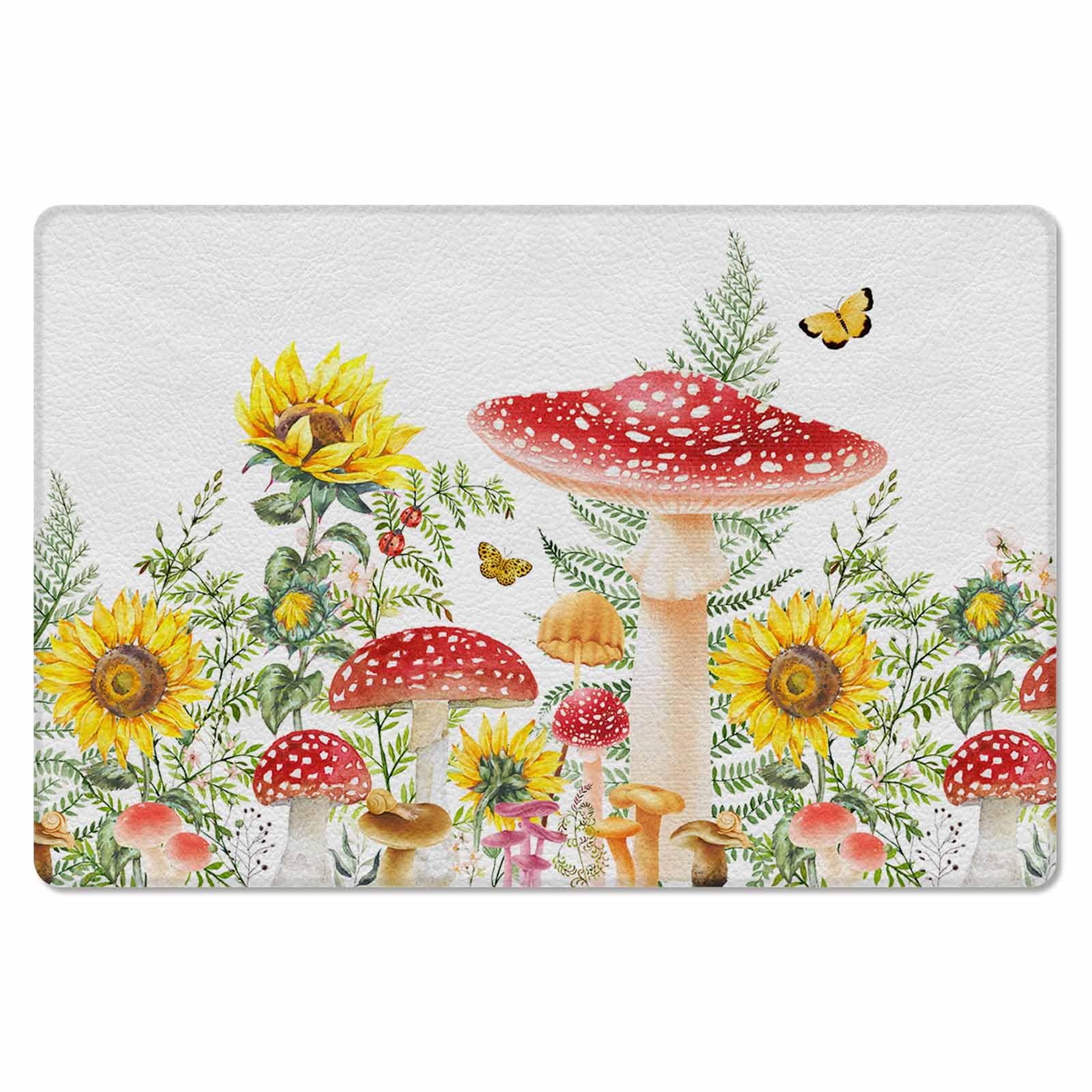 Red Mushroom Antifatigue Kitchen Bath Door Mat Cushioned Runner Rug,Washable Welcome Floor Sink Mat,Waterproof & Non-Slip Kitchen Standing Doormat,Sunflower Spring Summer Herbs Simple White 18