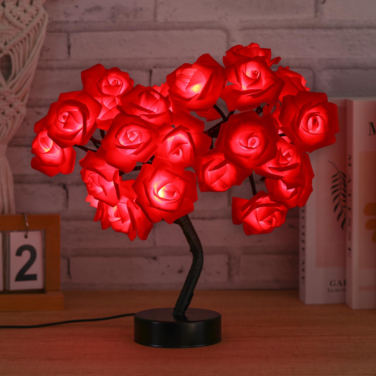 Drawelry Rose Flower Tree Lamp, LED Rose Tree Table Lamp, USB Powered Artificial Bonsai Night Light for Bedroom Living Room Wedding Decor for Mom Girlfriend Family (Red)