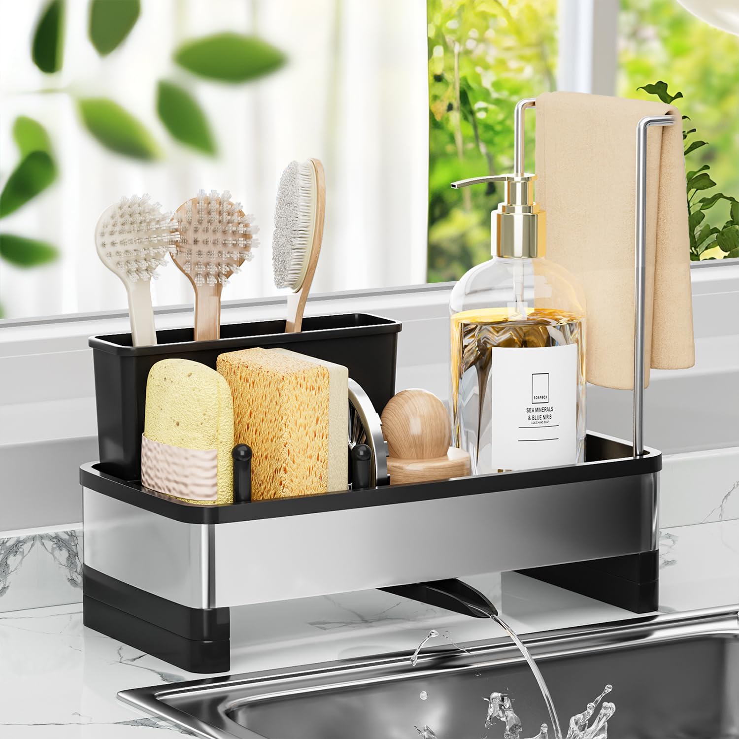 VUSIGN Sponge Holder for Kitchen Sink Sink Caddy Organizer with Brush Holder Rustproof Stainless Self-Draining Sink Organizer for