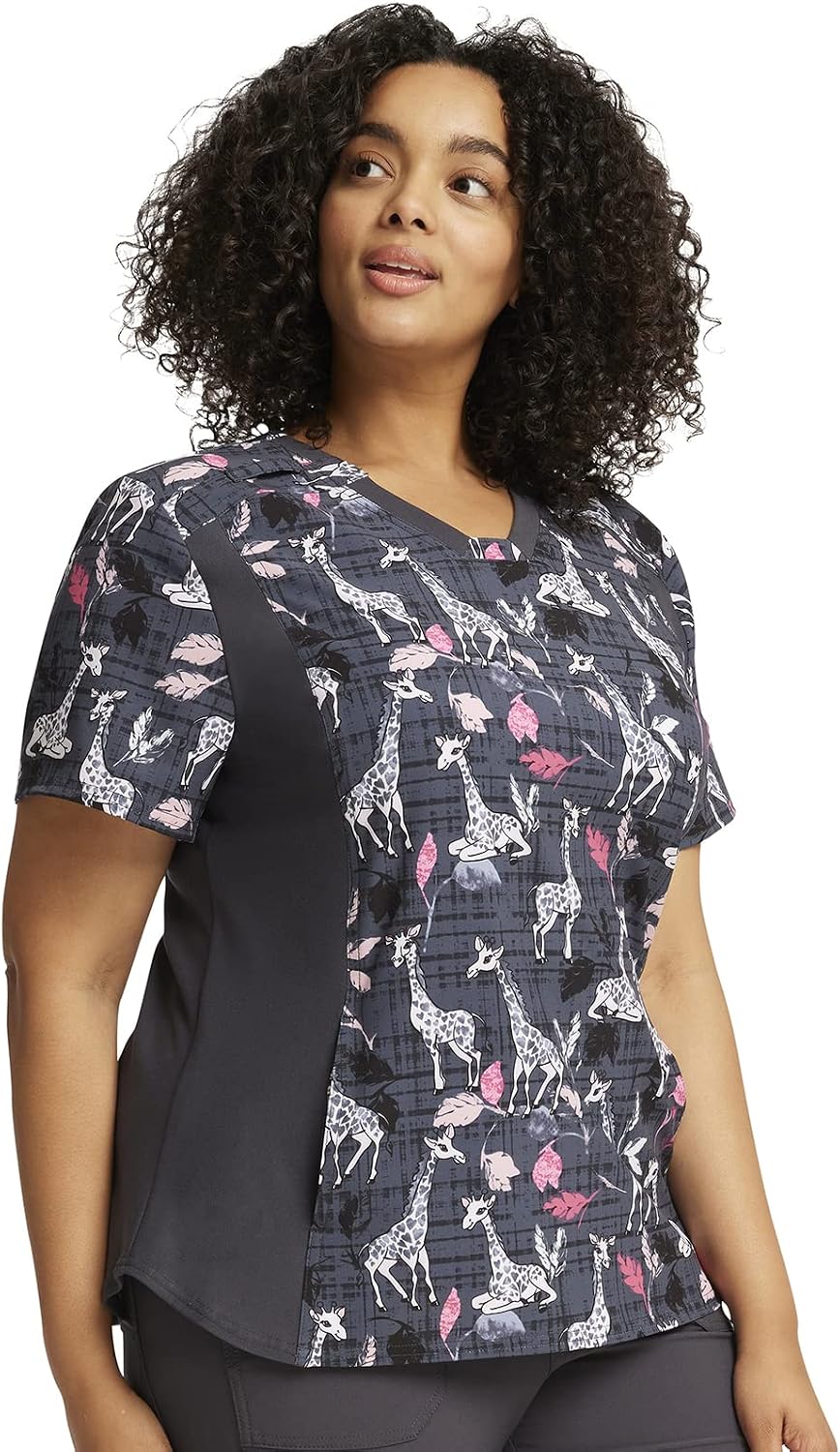 Cherokee iFlex Women Scrubs Top V-Neck Knit Panel CK641 | In-Seam Welt Pockets, Slight High-Low Curved Hem, 25-Inch Back Length, Added Comfort And Mobility For Healthcare Work