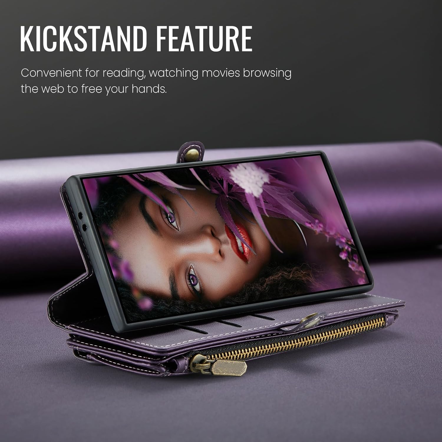 Defencase Compatible with Samsung Galaxy S24 Ultra Case Wallet with RFID Blocking Card Holder for Women Men, PU Leather Magnetic Snap Flip Zipper Strap Phone Case Fit for Galaxy S24 Ultra 5G, Purple - Image 9
