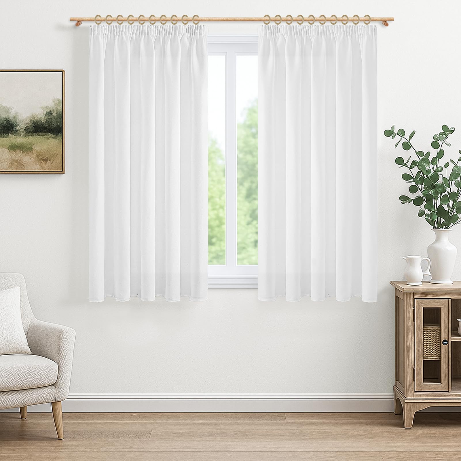 MRTREES Gardinen Leinenoptik mit Kräuselband Weiß für Küche Kurz Fenster Leinen Vorhang Weiss Halbtransparent mit Haken Vorhänge Wohnzimmer und Schlafzimmer 2er Set H 130 x B 140 cm