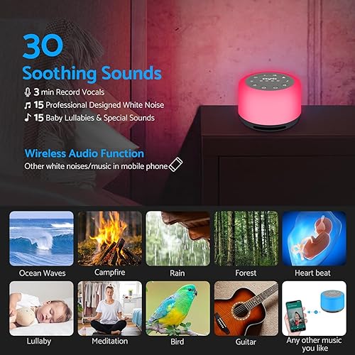 Miniatura 5 de eSynic Máquina de ruido blanco recargable para bebé, máquina de sonido de alta fidelidad para dormir, 7 luces nocturnas de color, máquina de dormir,