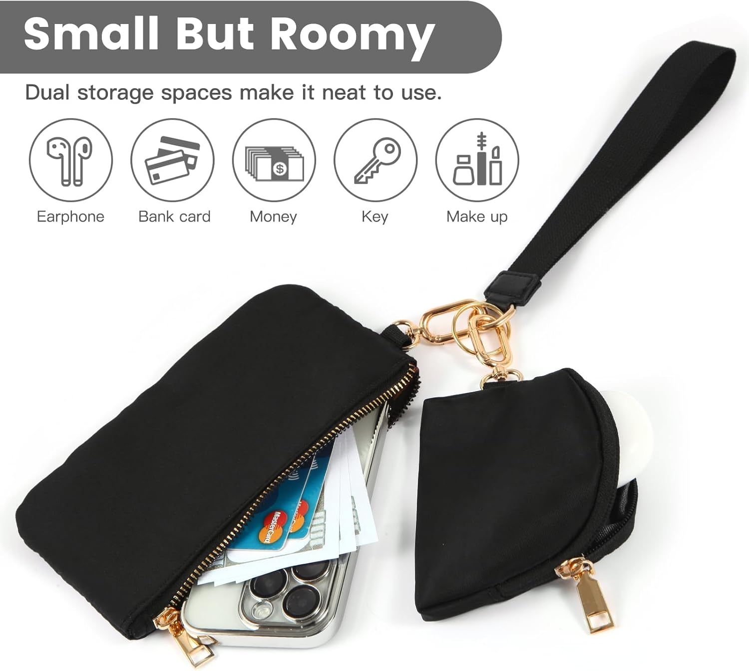 Mini Zip Around Wristlet Keychain Wallet for Women Detachable Dual Pouch Wristlet Portable Phone Coin Purse Coin Pocket (Black+Gold) - Image 2