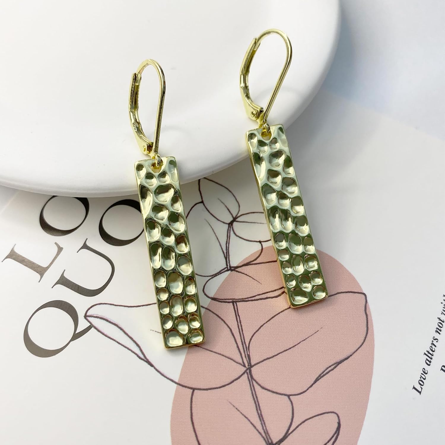 Sterling Silver Dangle Drop Earrings for Women, 14K Gold Plated French Leverback Earrings, Hypoallergenic Hammered Geometry Dangle Earring for Women Dainty Jewelry - Image 6