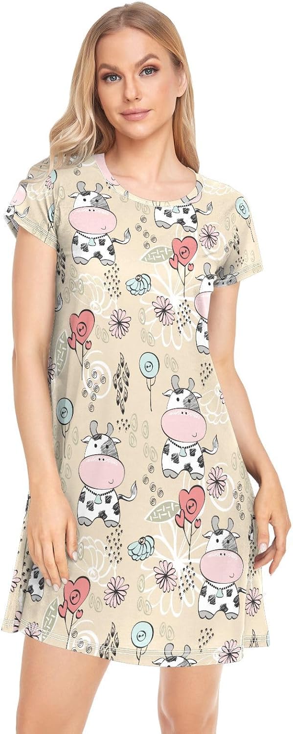 vvfelixl Women's Nightgown Sleepwear Cows Flowers Short Sleeves Pajama Sleepdress Nightgowns & Sleepshirts for Women XL - Image 5