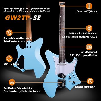 EART GW2TP-SE 25.5 Electric Guitar, Roasted Mahogany Body, Rosewood Fingerboard, Shell Pink/Surf Green/Blue Satin Finish, Headless Bridge, Stainless Steel Frets