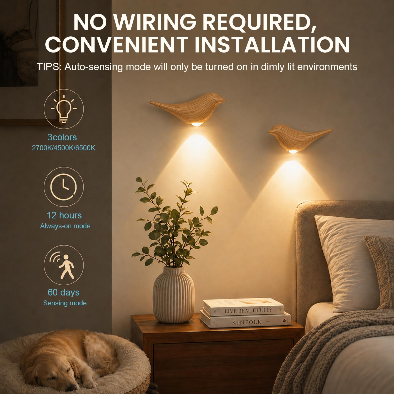 Lot de 2 veilleuses d'intérieur à détecteur de mouvement, rechargeables, sans fil, lampe murale magnétique en forme d'oiseau, lumières chaudes à piles pour chambre à coucher, chambre d'enfant