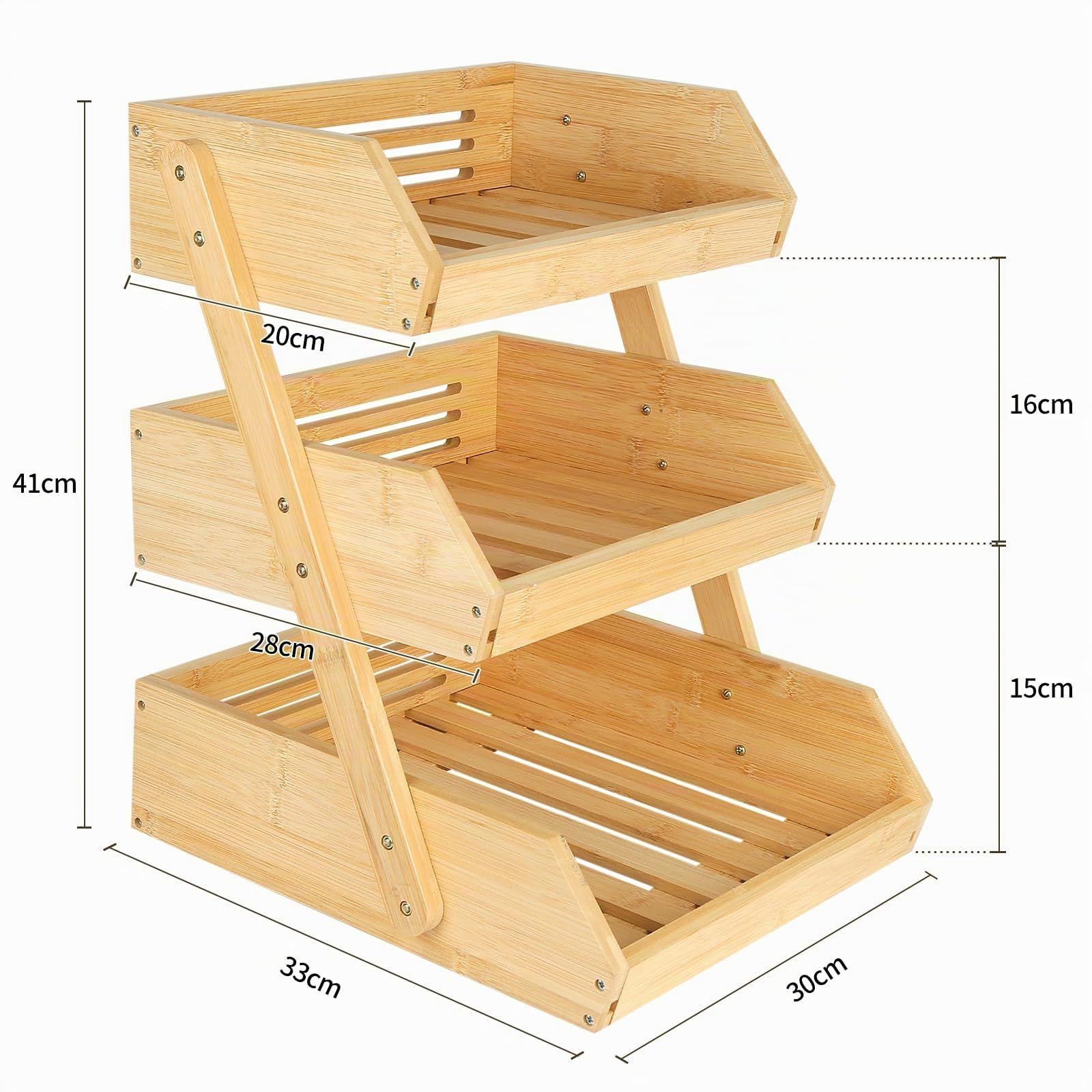 HUOLE Soporte para cesta de fruta de madera de pan en la cocina, soporte para cesta de frutas de bambú, 3 niveles, para encimera de cocina de frutas, 30 x 33 x 41 cm