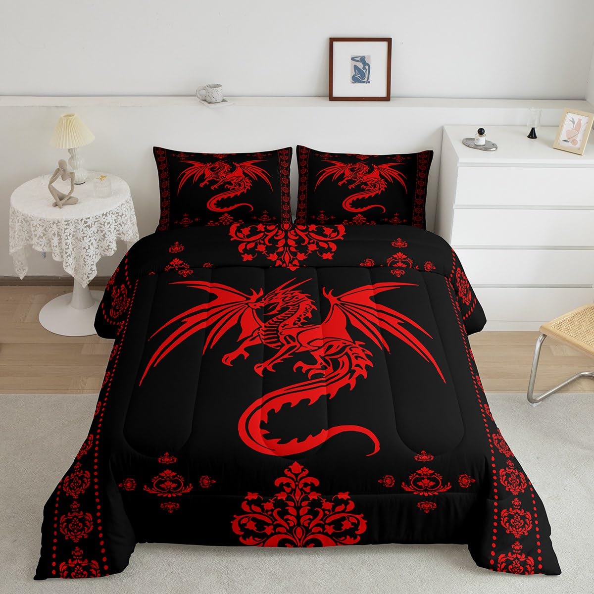 Feelyou Dragon Bedding Set Kids Boys Teens Gothic Damask Paisley Floral Comforter Set Twin Size Women Bohemian Exotic Duvet Insert Animal Theme Room Decor,Red Black